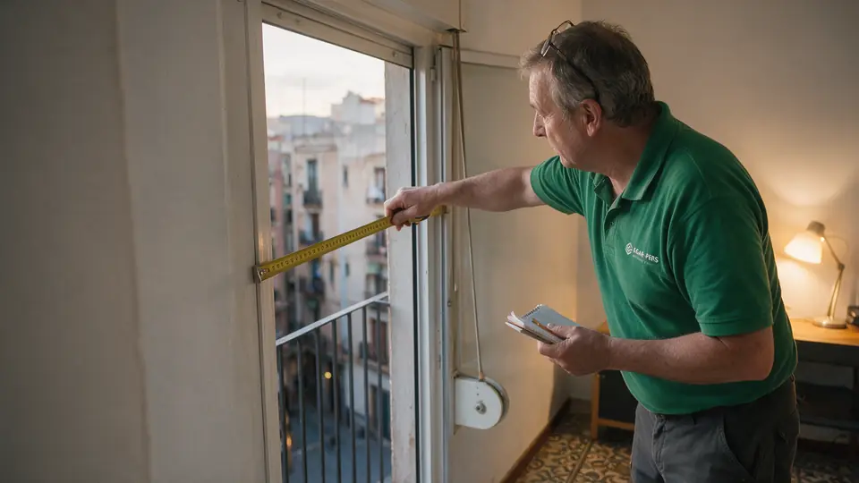 Persianista midiendo con cinta métrica el hueco entre las guías de una ventana