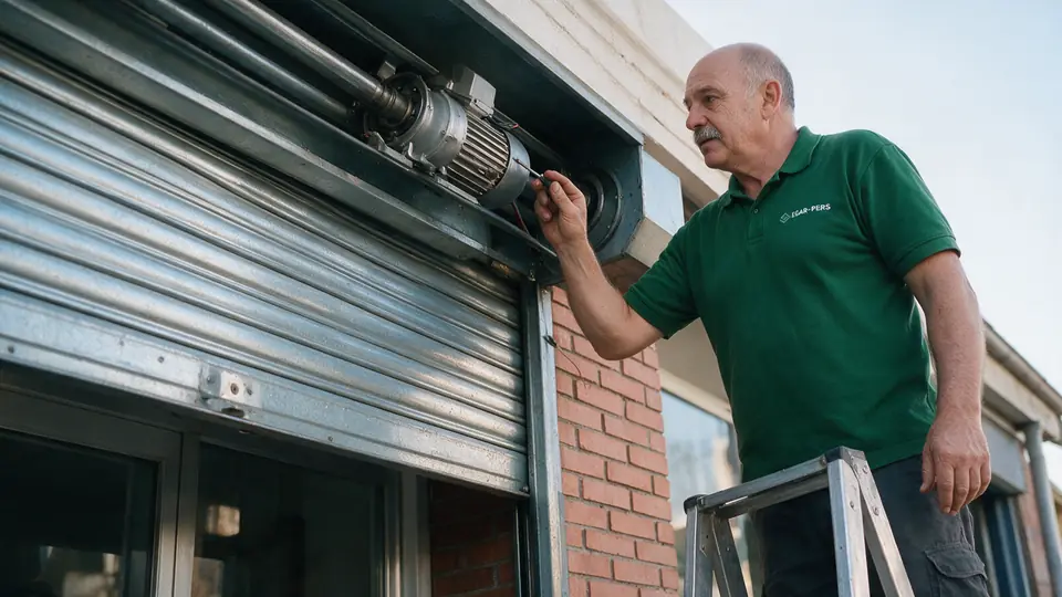 Técnico revisando desde una escalera el motor central de una persiana metálica de comercio