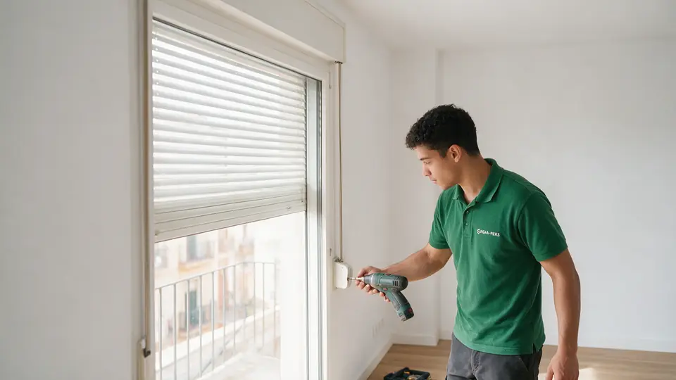 Técnico atornillando el pulsador de una persiana motorizada junto a la ventana